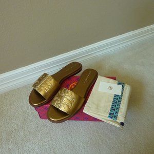 Tory Burch 'Ines' Leather Metallic Logo Slides 7.5